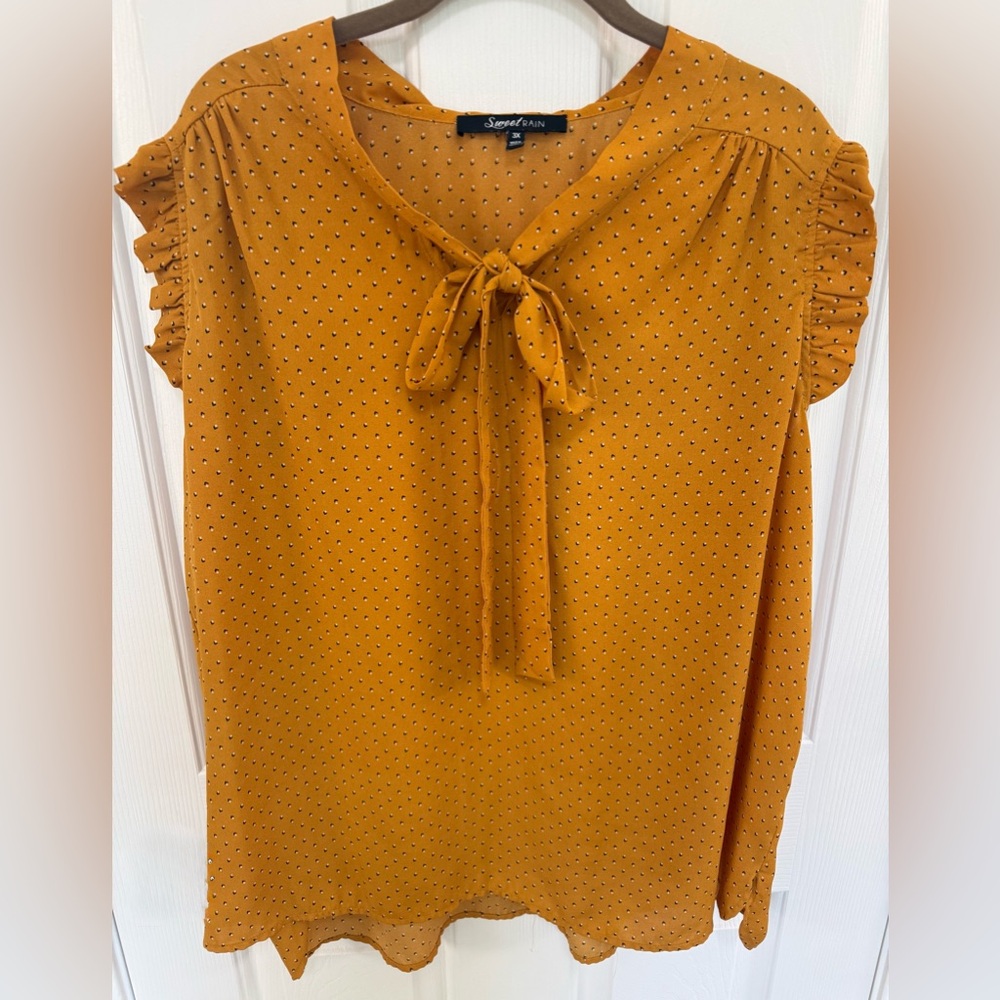 Sweet Rain Mustard Tie-Neck Ruffle Sleeve Blouse